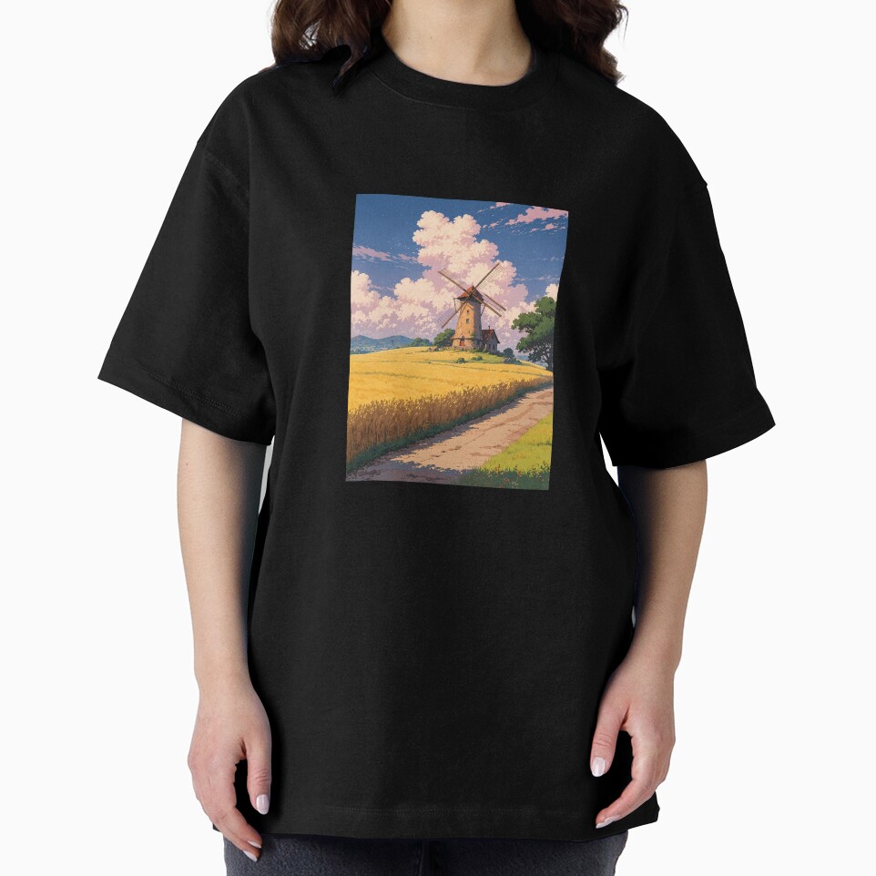 Windmill Hill - A Dreamy Retro Studio Ghibli Anime Artwork Oversized T-Shirt Tztshirt 2025 Topic