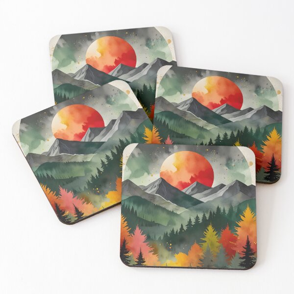 Item preview, Eclipse Over the Wild, Autumn Watercolor Mountains, Sunset Pine Trees Landscape, Abstract Celestial Aesthetic Forest designed and sold by Kintsugi99.