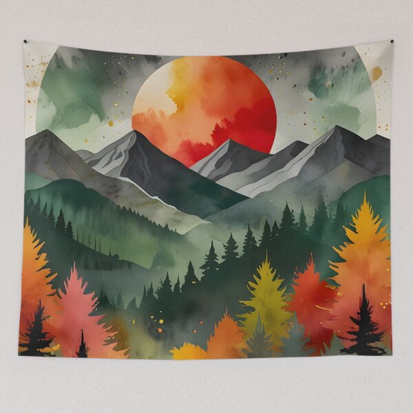 Item preview, Eclipse Over the Wild, Autumn Watercolor Mountains, Sunset Pine Trees Landscape, Abstract Celestial Aesthetic Forest designed and sold by Kintsugi99.