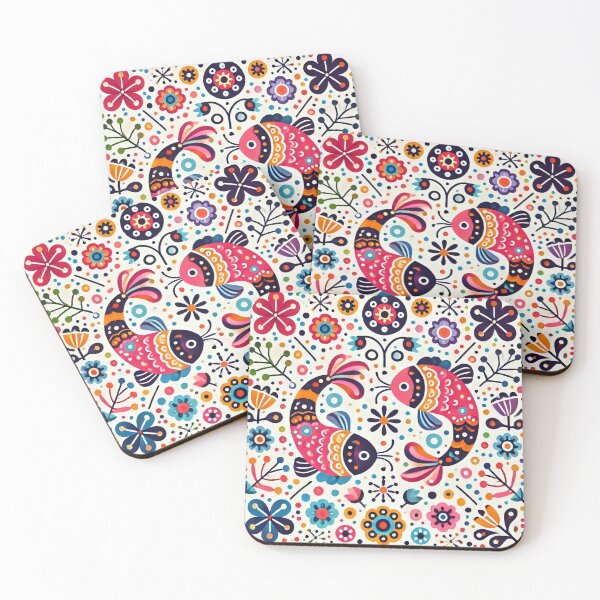Item preview, Scandinavian Folk Art - colourful Pink Pisces Zodiac Fishes by heidiannemorris © designed and sold by FOLK ART FUSION by heidiannemorris.