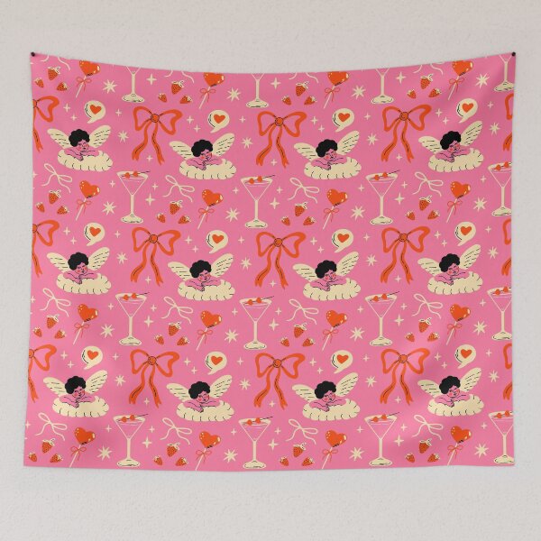 Item preview, Saint Valentine's Day pattern with cute groovy funky cartoon illustration of  romantic, coquette bow, cupid, cocktail, heart designed and sold by WeirdyTales.