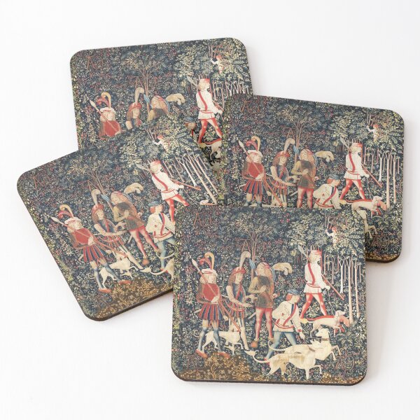 Item preview, UNICORN HUNTERS WITH DOGS ENTER THE WOOD Green Floral designed and sold by BulganLumini.