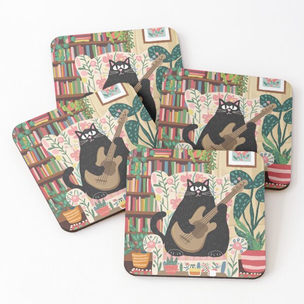 Item preview, Bass Master! A cute black kitten in a is chilling in an armchair playing bass guitar. designed and sold by SaraSumi.