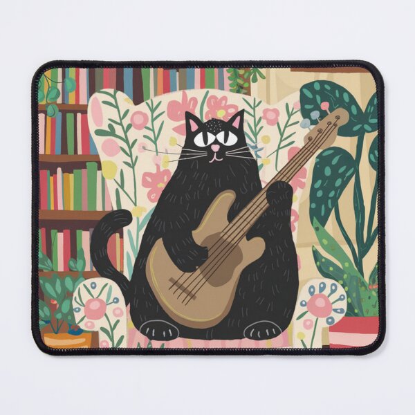 Item preview, Bass Master! A cute black kitten in a is chilling in an armchair playing bass guitar. designed and sold by SaraSumi.