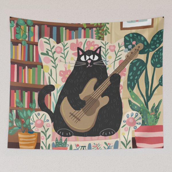 Item preview, Bass Master! A cute black kitten in a is chilling in an armchair playing bass guitar. designed and sold by SaraSumi.
