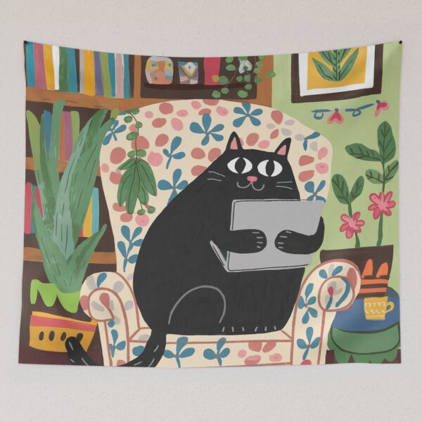 Item preview, Let's watch videos of funny cats! A cute black kitten in a is chilling in an armchair with her favorite laptop. designed and sold by SaraSumi.