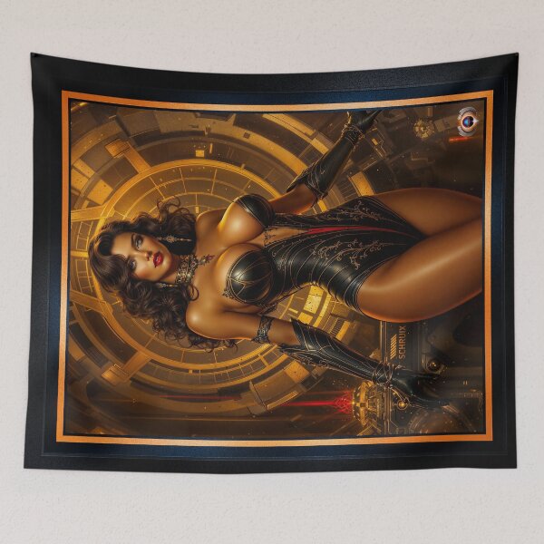 Item preview, The Alluring Lady Shrynis Adorned In Black Attire And Gold Filigree Striking AI Concept Art by Xzendor7 designed and sold by Xzendor7 Digital Art Creations.