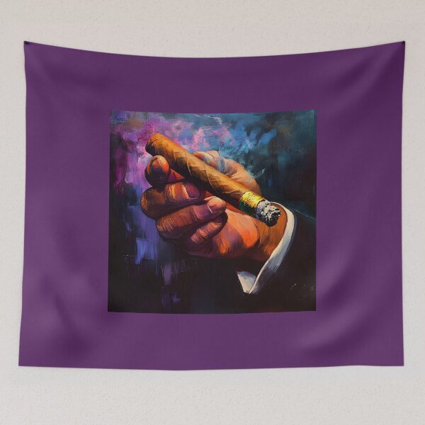 Item preview, Cigar Aficionado Holding a Lit Cigar with Swirling Purple and Blue Smoke in a Moody Atmosphere designed and sold by OlfactoART Studio.