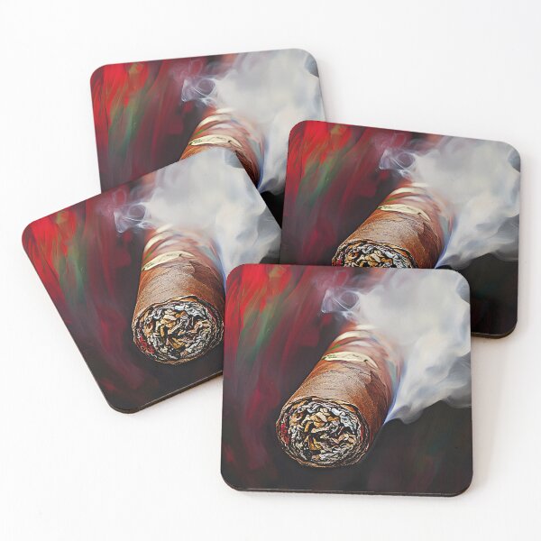 Item preview, Smoky Cigar Emitting Swirling Smoke Against Vibrant Red and Dark Background with Detailed Wrapping designed and sold by OlfactoART Studio.