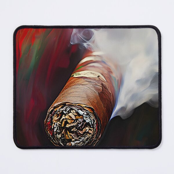 Item preview, Smoky Cigar Emitting Swirling Smoke Against Vibrant Red and Dark Background with Detailed Wrapping designed and sold by OlfactoART Studio.