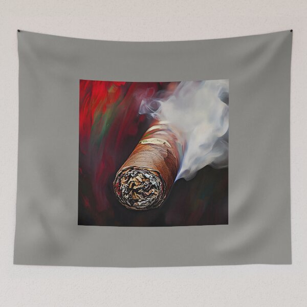Item preview, Smoky Cigar Emitting Swirling Smoke Against Vibrant Red and Dark Background with Detailed Wrapping designed and sold by OlfactoART Studio.