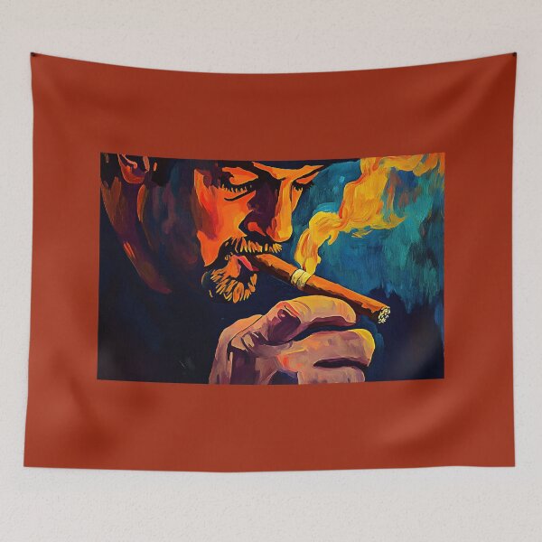 Item preview, Man Smoking Cigar in Warm, Vibrant Colors with Swirling Smoke Against Contrasting Blue Backdrop designed and sold by OlfactoART Studio.