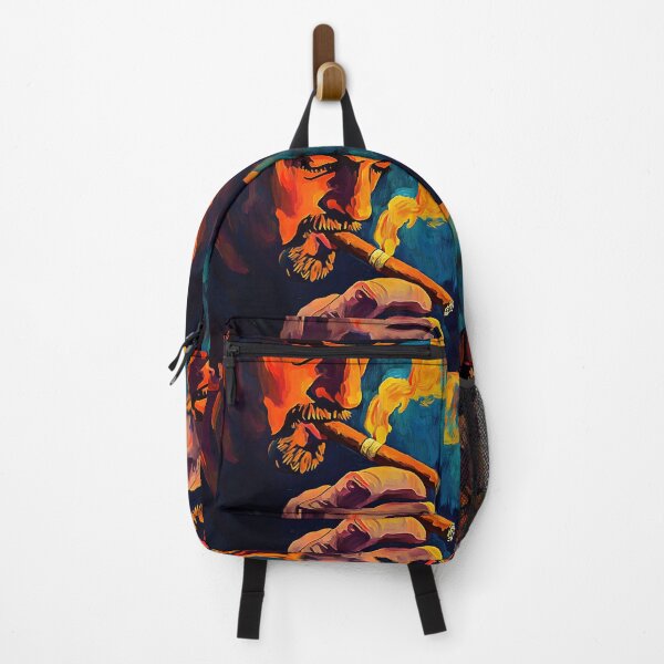Item preview, Man Smoking Cigar in Warm, Vibrant Colors with Swirling Smoke Against Contrasting Blue Backdrop designed and sold by OlfactoART Studio.