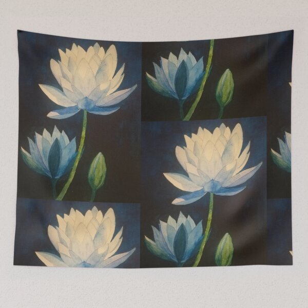 Item preview, Blue lotuses waterlily watercolour flower painting  designed and sold by esvb.