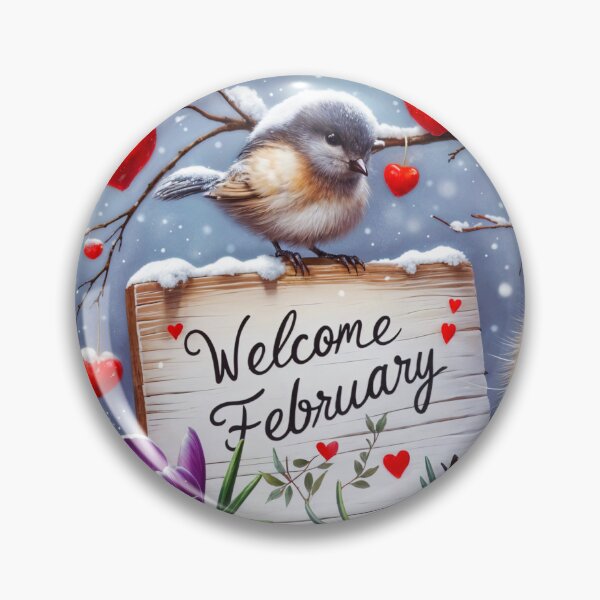 Item preview, February journal page with a cute kitty in snow and a little bird surrounded by dengling red love hearts and purple spring crocuses designed and sold by EmeraldeaArt.