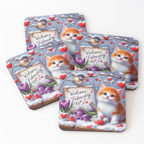Item preview, February journal page with a cute kitty in snow and a little bird surrounded by dengling red love hearts and purple spring crocuses designed and sold by EmeraldeaArt.