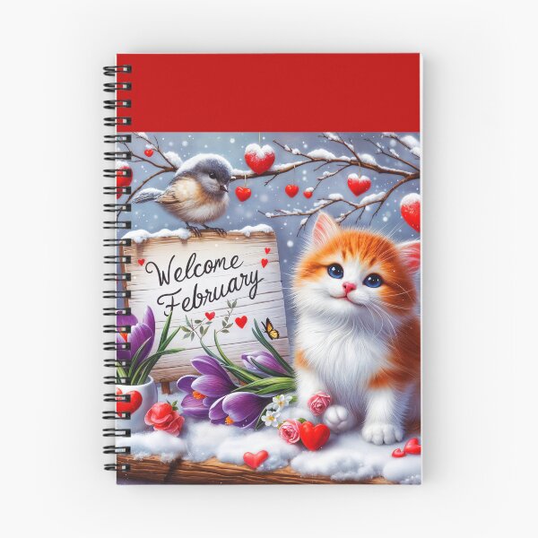 Item preview, February journal page with a cute kitty in snow and a little bird surrounded by dengling red love hearts and purple spring crocuses designed and sold by EmeraldeaArt.