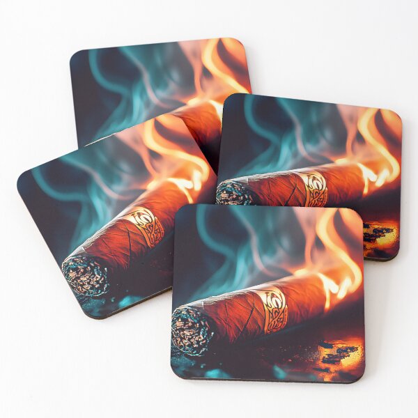 Item preview, Cigar Resting on Dark Surface with Swirling Blue and Orange Smoke Abstract Digital AI Art designed and sold by OlfactoART Studio.