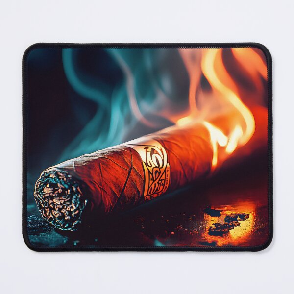 Item preview, Cigar Resting on Dark Surface with Swirling Blue and Orange Smoke Abstract Digital AI Art designed and sold by OlfactoART Studio.