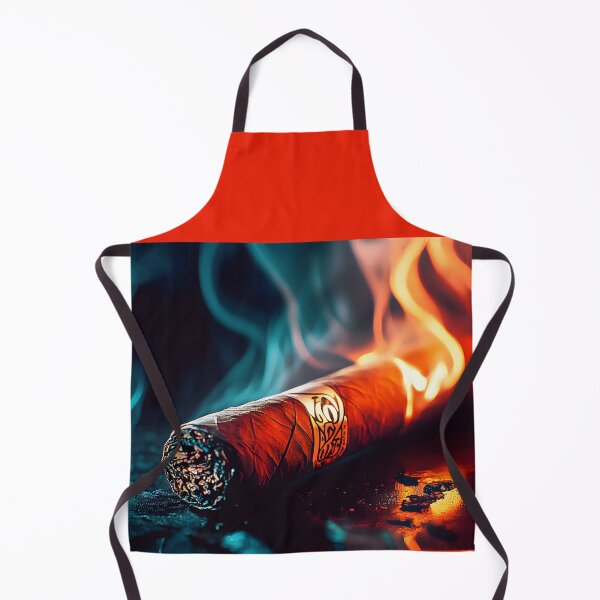 Artikelvorschau, Zigarre ruht auf dunkler Oberfläche mit wirbelndem blauem und orangefarbenem Rauch Abstrakte digitale KI-Kunst entworfen und verkauft von OlfactoART Studio.