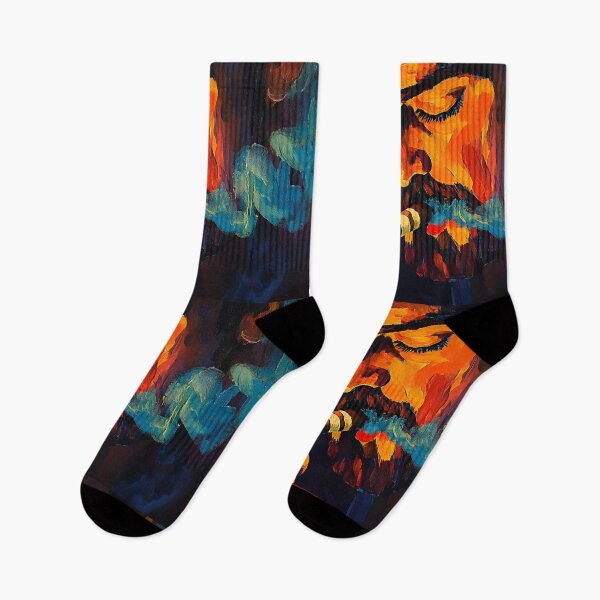 Item preview, Contemplative Man Smoking Cigar with Closed Eyes in Warm Oranges and Cool Blues designed and sold by OlfactoART Studio.