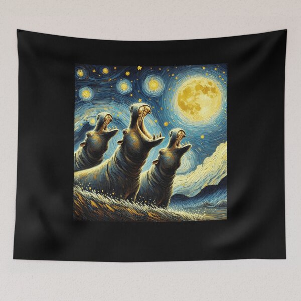 Item preview, Starry Night Three Hippos Howling at Moon Van Gogh Lover designed and sold by Kimberley King Art  King Art.