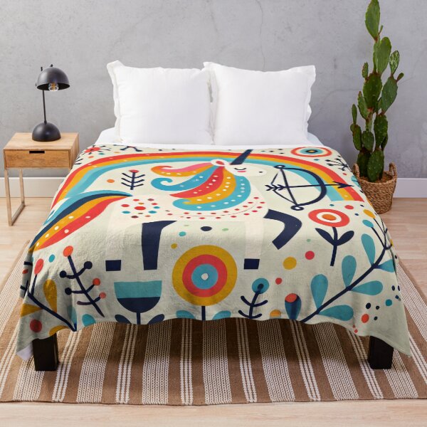 Item preview, Scandinavian Folk Art Rainbow Unicorn – Vibrant Red, Blue, Orange Fantasy Design by heidiannemorris designed and sold by FOLK ART FUSION by heidiannemorris.