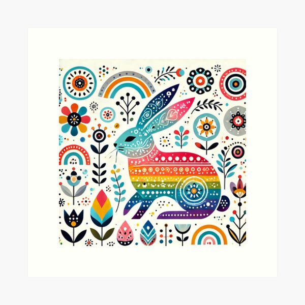 Aperçu de l'œuvre Lapin arc-en-ciel d'art populaire scandinave - Motif floral multicolore, accents rouges, bleus et jaunes par heidiannemorris créée et vendue par FOLK ART FUSION by heidiannemorris.