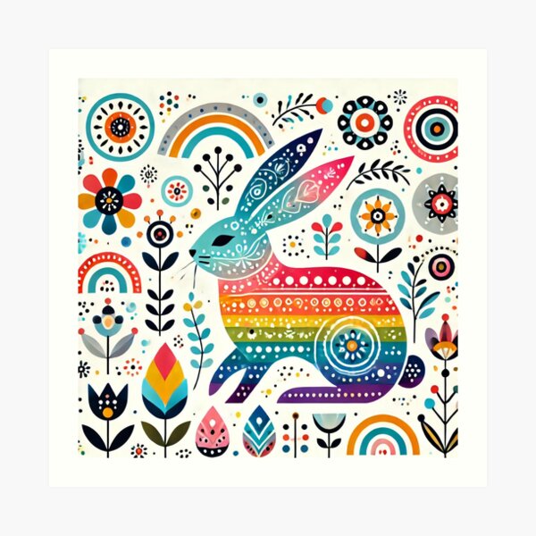 Scandinavian Folk Art Rainbow Rabbit - Multicoloured Floral