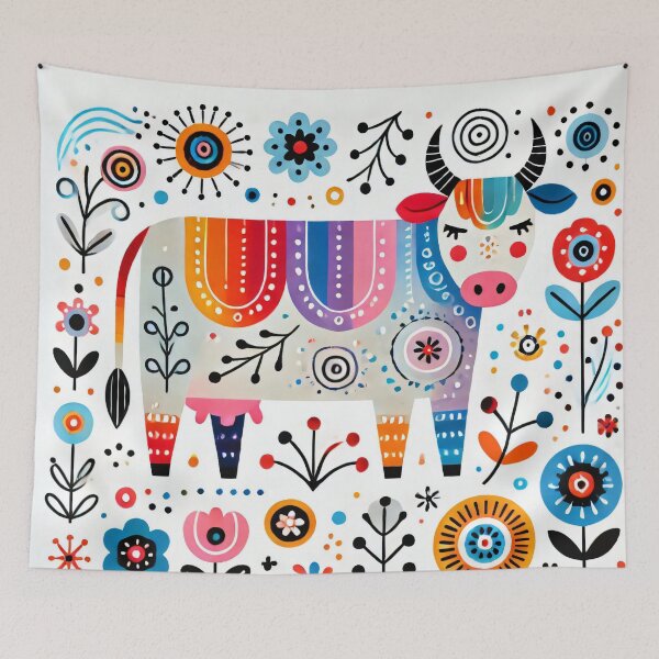 Item preview, Scandinavian Folk Art Rainbow Animals - Cute Colourful Cow by heidiannemorris designed and sold by FOLK ART FUSION by heidiannemorris.