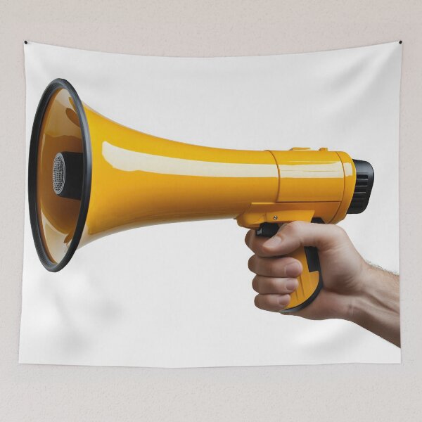 Item preview, Bright yellow megaphone held in hand designed and sold by anytka.