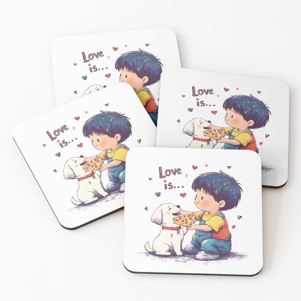 Item preview, Love is Sharing Pizza - Cute Valentine's Day Boy and Puppy Cartoon Illustration designed and sold by AnnDesignStudio.