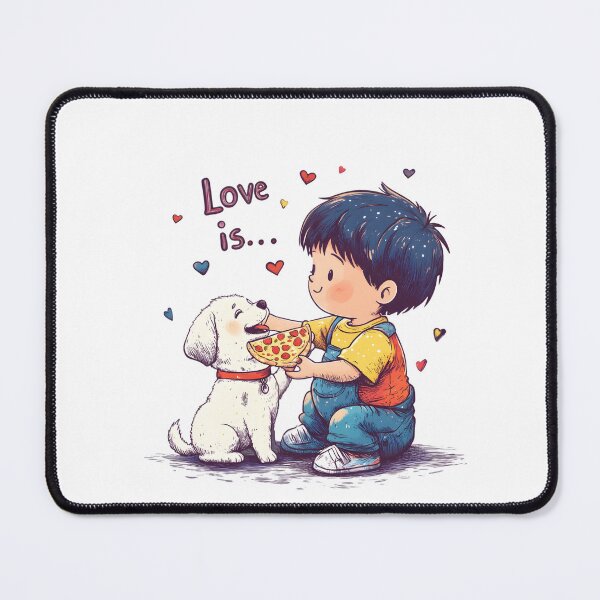 Item preview, Love is Sharing Pizza - Cute Valentine's Day Boy and Puppy Cartoon Illustration designed and sold by AnnDesignStudio.