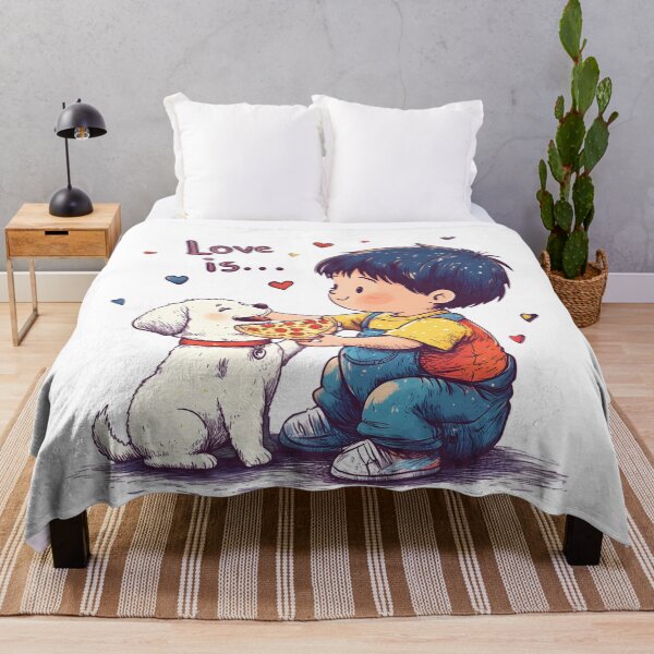 Item preview, Love is Sharing Pizza - Cute Valentine's Day Boy and Puppy Cartoon Illustration designed and sold by AnnDesignStudio.