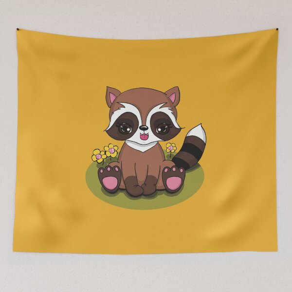 Item preview, Cute baby raccoon sitting in the green grass enjoying the yellow flowers designed and sold by marina63.