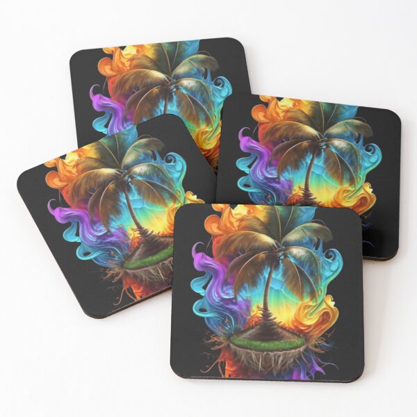 Item preview, printer style, with elegant with vibrant falling tropical coconut tree, colored smoke, yellow, red, white, blue, cream, light pink, and beautiful roses,dark fantasy designed and sold by Kollob.