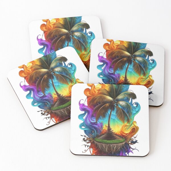Item preview, printer style, with elegant with vibrant falling tropical coconut tree, colored smoke, yellow, red, white, blue, cream, light pink, and beautiful roses,dark fantasy designed and sold by Kollob.