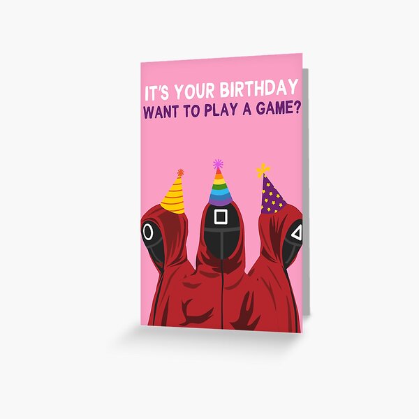 Vista previa del artículo con la obra «Tarjeta de cumpleaños de los guardias de Squidgame», diseñado y vendido por TheMarmaladeCat.