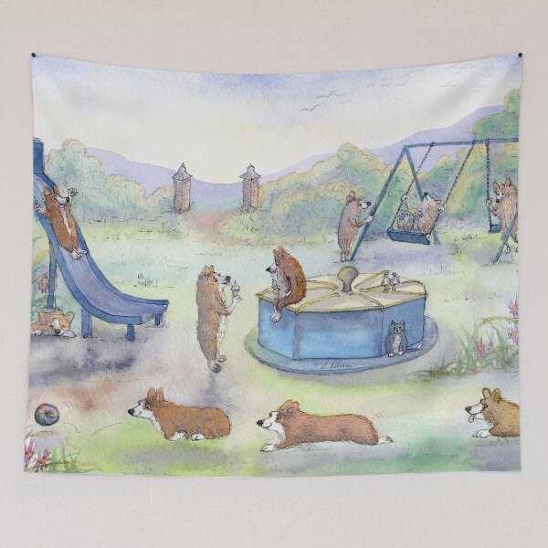 Item preview, Corgi dogs playing in the park designed and sold by SusanAlisonArt.
