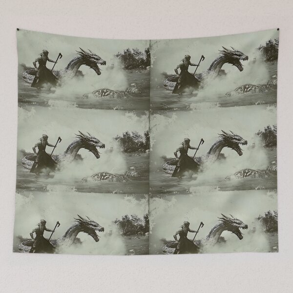 Item preview, Viking Warrior Conquering a Mythical Dragon in Nordic Mist designed and sold by Amr Siam.