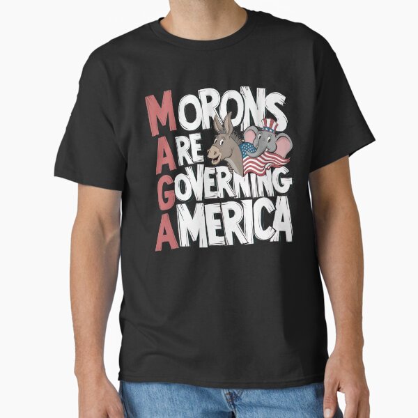 Vista previa del artículo con la obra «Los idiotas gobiernan Estados Unidos - Diseño de sátira política», diseñado y vendido por InklingIris.