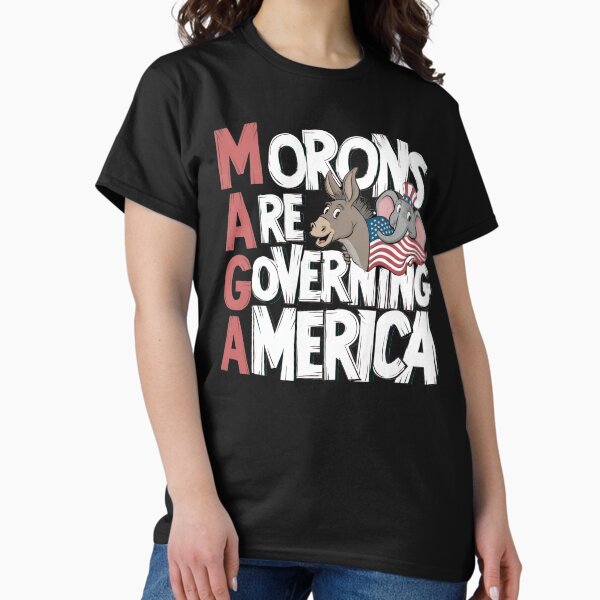 Vista previa del artículo con la obra «Los idiotas gobiernan Estados Unidos - Diseño de sátira política», diseñado y vendido por InklingIris.