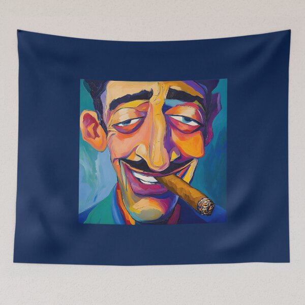 Item preview, Exaggerated Portrait of Man with Large Nose and Mischievous Grin Enjoying Cigar in Vivid Colors designed and sold by OlfactoART Studio.
