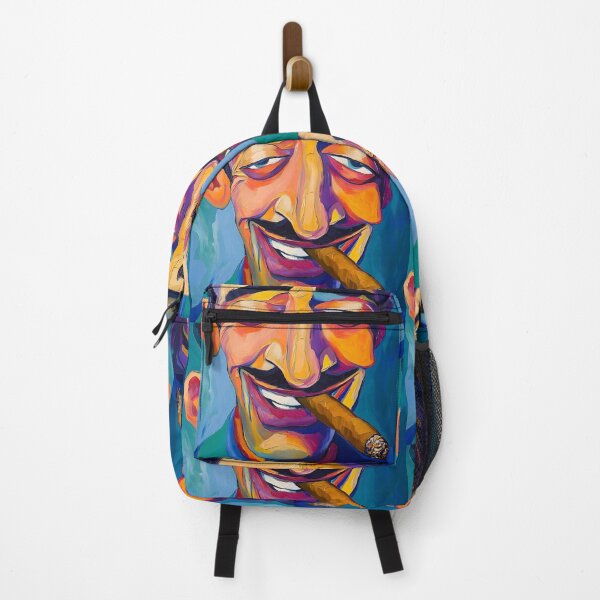 Item preview, Exaggerated Portrait of Man with Large Nose and Mischievous Grin Enjoying Cigar in Vivid Colors designed and sold by OlfactoART Studio.