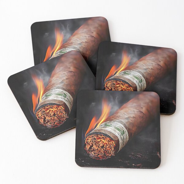 Item preview, Close-Up of Glowing Lit Cigar with Curling Smoke and Bright Flames, Highlighting Tobacco Textures Digital AI Art designed and sold by OlfactoART Studio.