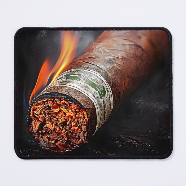 Item preview, Close-Up of Glowing Lit Cigar with Curling Smoke and Bright Flames, Highlighting Tobacco Textures Digital AI Art designed and sold by OlfactoART Studio.
