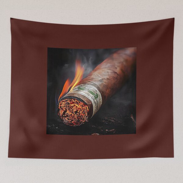 Item preview, Close-Up of Glowing Lit Cigar with Curling Smoke and Bright Flames, Highlighting Tobacco Textures Digital AI Art designed and sold by OlfactoART Studio.