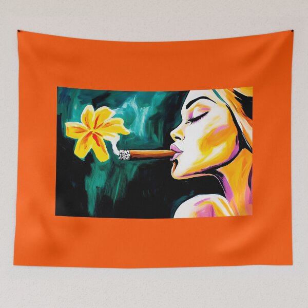 Item preview, Digital AI Generated Art of a Femme Fatale Exhaling Cigar Smoke with Colorful Face Against Dark Teal Background designed and sold by OlfactoART Studio.