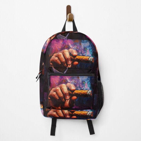 Item preview, Cigar Aficionado Holding a Lit Cigar with Swirling Smoke Against a Vibrant Background designed and sold by OlfactoART Studio.