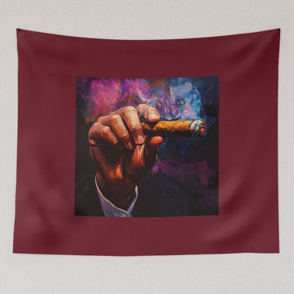 Item preview, Cigar Aficionado Holding a Lit Cigar with Swirling Smoke Against a Vibrant Background designed and sold by OlfactoART Studio.